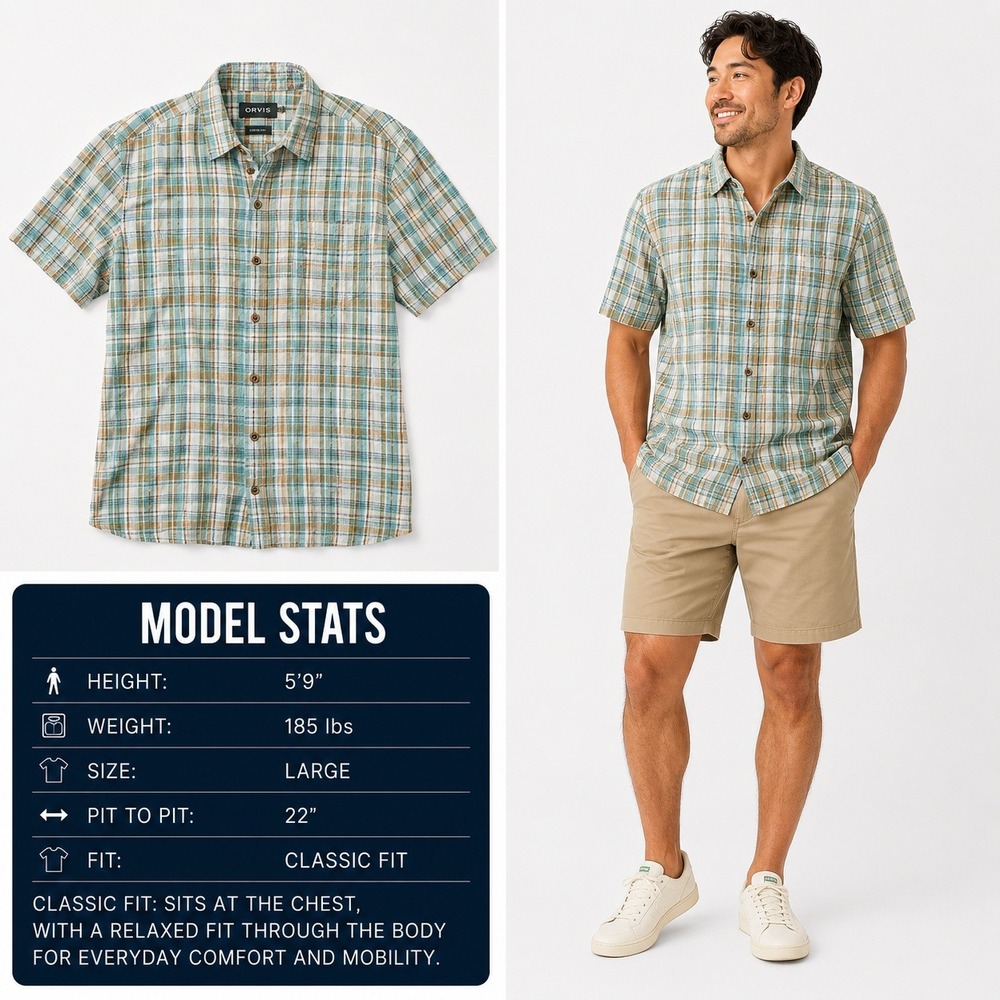 Orvis Mens Large Active Fit Plaid Short Sleeve Button Down Cotton Shirt Teal 947